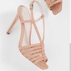 Schutz Tressa Gail Strappy Cage Sandal Nude Suede Heel Size 5.5